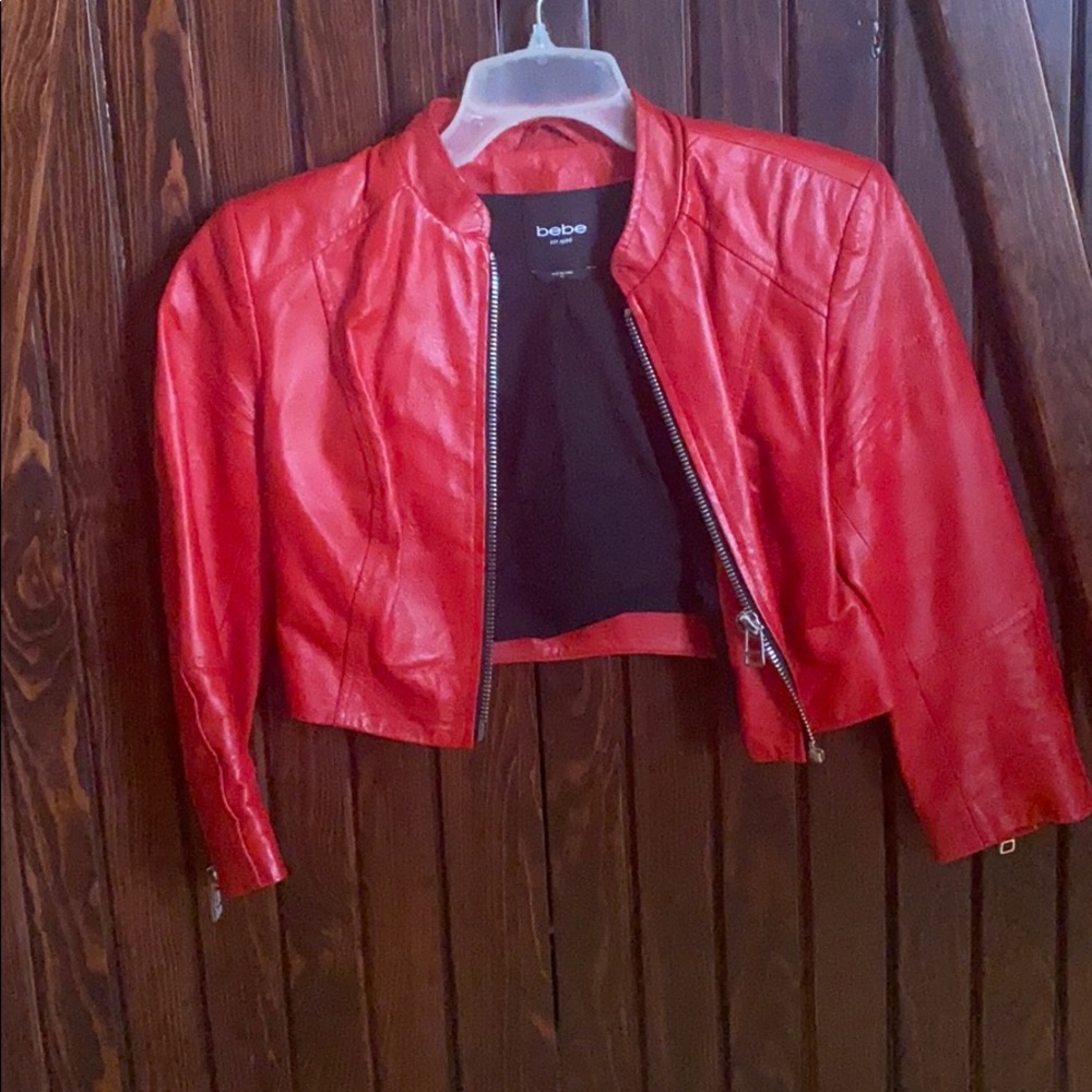 Bebe RED crop leather jacket
